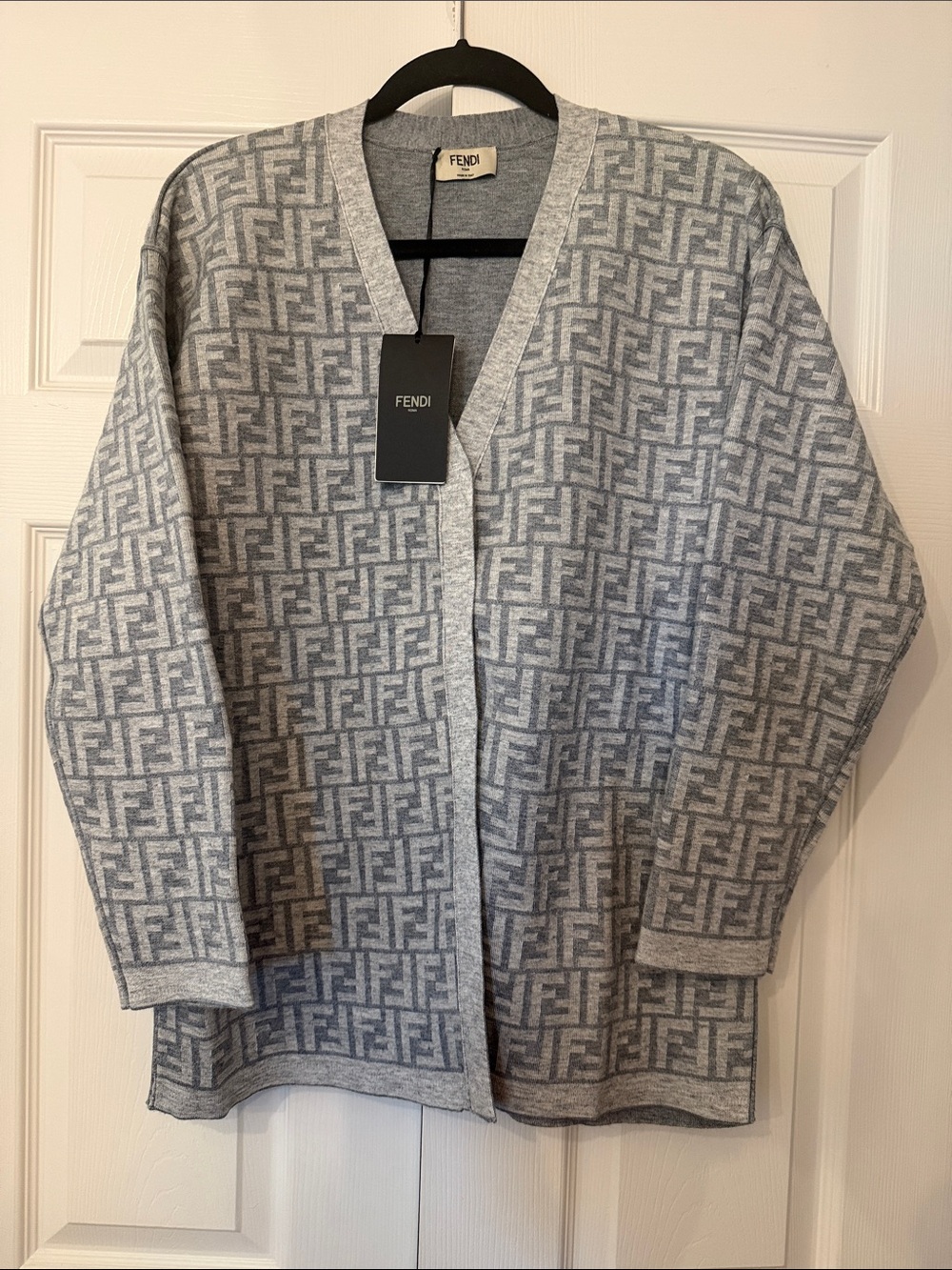 FENDI 2020s FF Logo V-neck Cardigan in Grey Sz 40 - NWT!